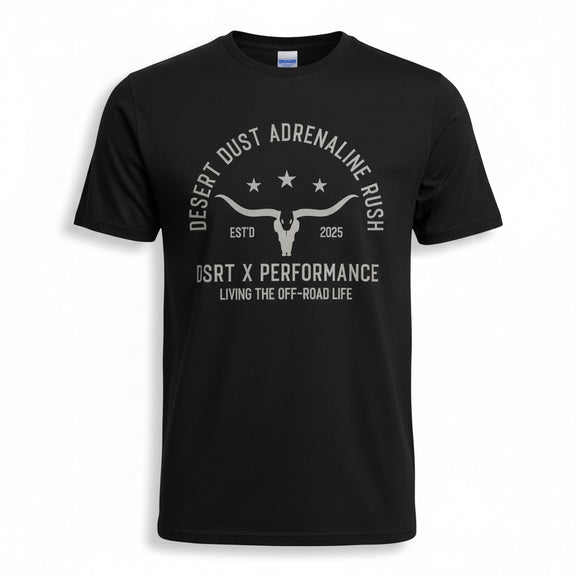 Black t-shirt with dark gray graphic and text on a black background