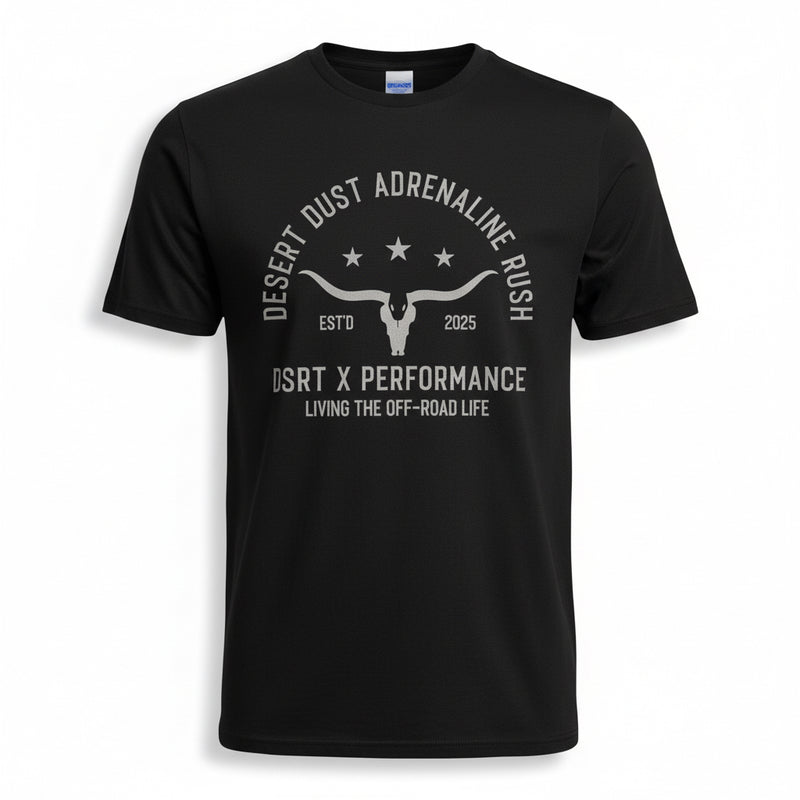 Black t-shirt with dark gray graphic and text on a black background